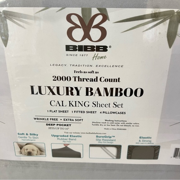 Bibb Home Luxury Bamboo Sheet Set California King Gray 2000 Thread Count Soft - Picture 2 of 5